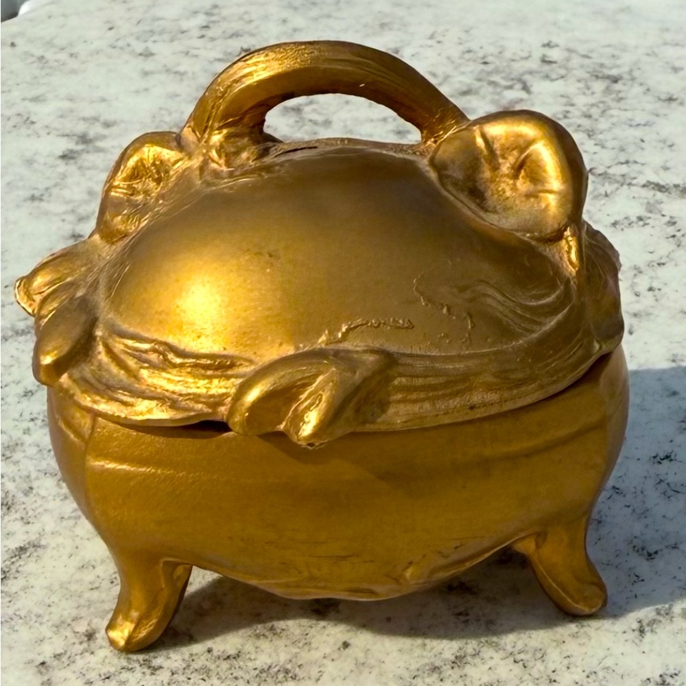 Vintage Gold Tone Metal Footd Trinket Box Art Nouveau Hinged Jewelry Casket Pink